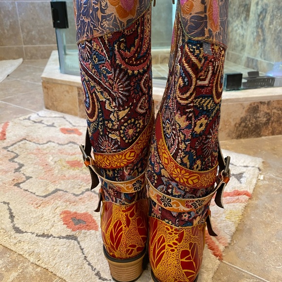 Soffia Brown Floral Tie Accent Leather Vintage Knee High Boots - Picture 6 of 9